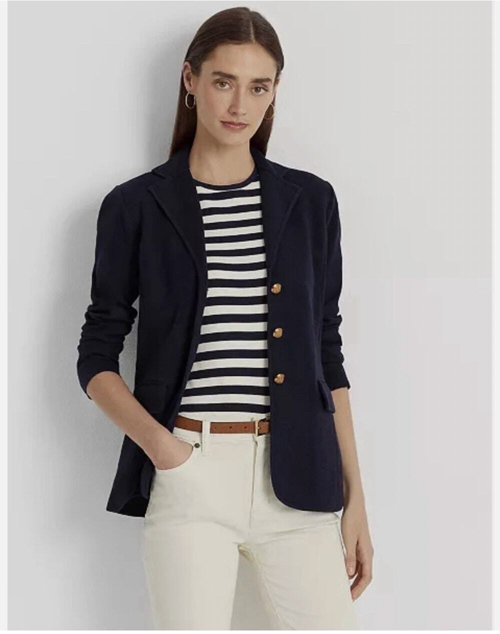Lauren Ralph Lauren Combed Cotton Fitted Knit Blazer Cardigan Navy size S